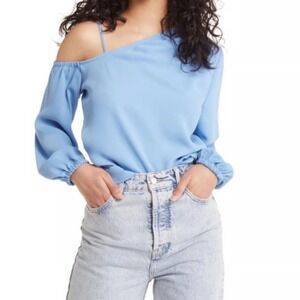 OPEN EDIT | NWT Asymmetrical One Shoulder Balloon Sleeve Top, Ice Blue Lake, XXS